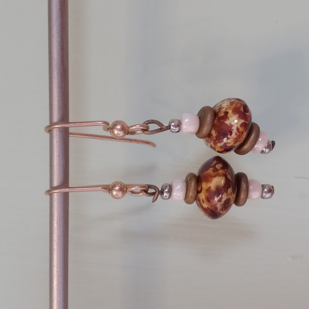 Women's brown lampwork bead dangle wire hook earrings